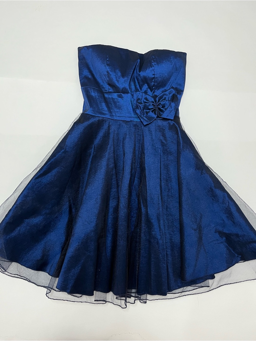 Vintage 1990 Strapless Navy Blue Party Dress with Flower Accent